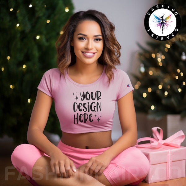 Pink Candy Champion Cropped Tee Mockup, Champion T453W Crop Top Mockup, Pink Candy Champion Crop Top Mockup, Champion Mock Up Pink Candy