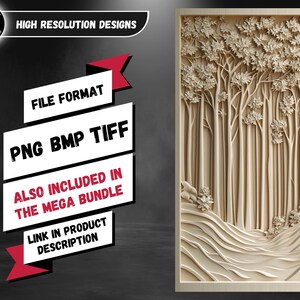 K&ouml;nnte beinhalten: Ein digitales Schnitzdesign einer Waldszene mit B&auml;umen und einem gewundenen Pfad. Das Design ist in einer hellen Holzfarbe gehalten und eignet sich f&uuml;r die Verwendung in Holzbearbeitungsprojekten. Das Dateiformat ist PNG, BMP und TIFF. Das Design ist auch in einem Mega-Paket enthalten.