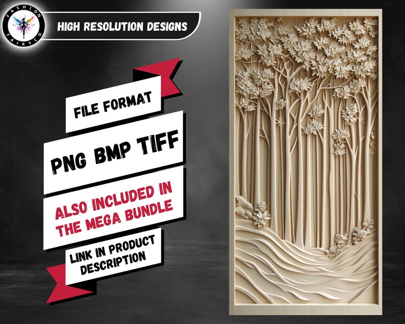 K&ouml;nnte beinhalten: Ein digitales Schnitzdesign einer Waldszene mit B&auml;umen und einem gewundenen Pfad. Das Design ist in einer hellen Holzfarbe gehalten und eignet sich f&uuml;r die Verwendung in Holzbearbeitungsprojekten. Das Dateiformat ist PNG, BMP und TIFF. Das Design ist auch in einem Mega-Paket enthalten.