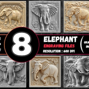 Paquete de grabado láser con ilusión 3D de elefantes, archivos de grabado en escala de grises de elefantes, PNG de grabado láser de animales, grabado de animales africanos
