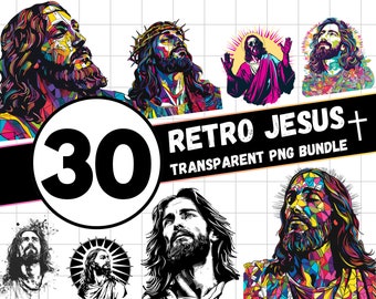 Paquete PNG de Jesús retro: fondo transparente, diseño cristiano (descarga digital)
