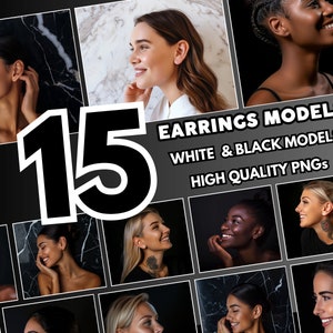 Puede incluir: Un collage de 15 imágenes con diferentes modelos que llevan pendientes. Las imágenes están dispuestas en una cuadrícula y presentan modelos blancos y negros. El texto "EARRINGS MODELS" se muestra en letras grandes y en negrita en la parte superior del collage. El texto "WHITE & BLACK MODELS" se muestra debajo del título. El texto "HIGH QUALITY PNGs" se muestra en la parte inferior del collage.