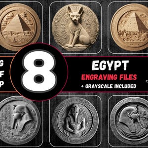 Könnte beinhalten: Eine Sammlung von acht ägyptischen Gravurdateien, einschließlich Graustufenversionen. Die Designs zeigen detaillierte Darstellungen von Pyramiden, Pharaonen und der Katzengöttin Bastet, alle in kreisförmigen Rahmen. Der Text "EGYPT ENGRAVING FILES + GRAYSCALE INCLUDED" ist ebenfalls enthalten.