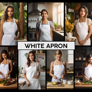 May include: A collage of six images featuring women wearing white aprons in a kitchen setting. The text "WHITE APRON" is displayed in the center of the collage.