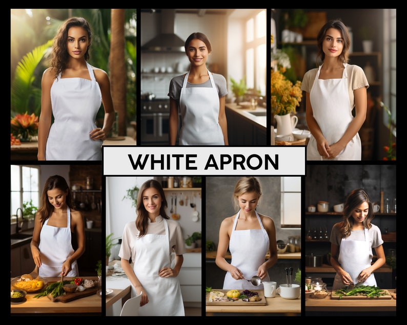 May include: A collage of six images featuring women wearing white aprons in a kitchen setting. The text "WHITE APRON" is displayed in the center of the collage.