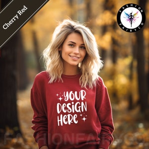 Wiśniowo-czerwony Gildan18000 Mockup, Jesienna wiśniowo-czerwona bluza Mockup, Wiśniowo-czerwony okrągły dekolt Mock, Jesienna wiśniowo-czerwona Gildan18000