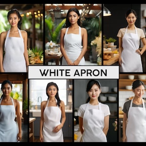 May include: A collage of images featuring women wearing white aprons. The women are standing in various settings, including a kitchen, a restaurant, and a cafe. The aprons are all simple and classic in design, with no embellishments or pockets. The text "WHITE APRON" is displayed in bold letters at the top of the collage.