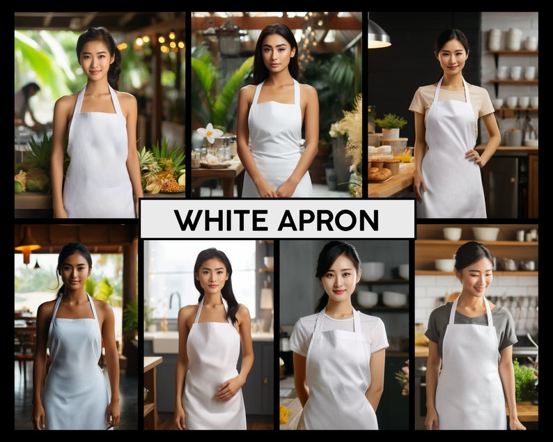 May include: A collage of images featuring women wearing white aprons. The women are standing in various settings, including a kitchen, a restaurant, and a cafe. The aprons are all simple and classic in design, with no embellishments or pockets. The text "WHITE APRON" is displayed in bold letters at the top of the collage.