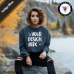 Indigo Blue Gildan18000 Mockup, Jesienna bluza Indigo Blue z okrągłym dekoltem, Jesienny sweter Indigo Blue Gildan1800, Printify Canva Ready