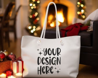 Christmas Weekender Bag Mockup: Rope Handle Tote (PNG)