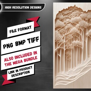 K&ouml;nnte beinhalten: Eine Holzschnitzerei einer Waldszene mit B&auml;umen und einem Weg. Die Schnitzerei ist in einer hellen Holzfarbe gehalten und hat ein detailliertes Design. Der Text "FILE FORMAT PNG BMP TIFF ALSO INCLUDED IN THE MEGA BUNDLE LINK IN PRODUCT DESCRIPTION" ist im Bild sichtbar.