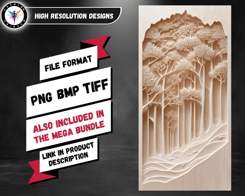 K&ouml;nnte beinhalten: Eine Holzschnitzerei einer Waldszene mit B&auml;umen und einem Weg. Die Schnitzerei ist in einer hellen Holzfarbe gehalten und hat ein detailliertes Design. Der Text "FILE FORMAT PNG BMP TIFF ALSO INCLUDED IN THE MEGA BUNDLE LINK IN PRODUCT DESCRIPTION" ist im Bild sichtbar.