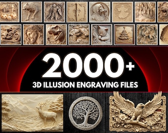 May include: A collection of 2000+ 3D illusion engraving files featuring various relief designs including animals, landscapes, fantasy creatures, and religious figures, presented as a digital catalog with text reading 2000+ 3D ILLUSION ENGRAVING FILES.