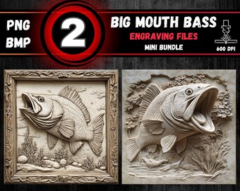 Puede incluir: Dos archivos de grabado digital de un pez de bajo con la boca abierta. Los archivos están en formato PNG y BMP y tienen una resolución de 600 DPI. Los archivos forman parte de un mini paquete llamado "Big Mouth Bass Engraving Files".