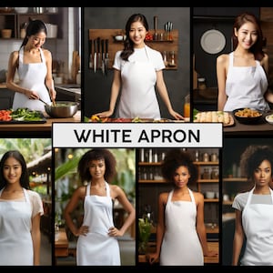 May include: A group of women wearing white aprons in different settings. Some are in kitchens, others are in more casual settings. The aprons are all simple and classic, with no embellishments.