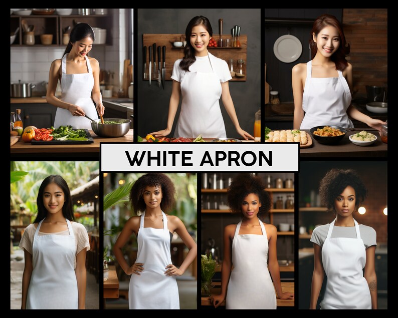 May include: A group of women wearing white aprons in different settings. Some are in kitchens, others are in more casual settings. The aprons are all simple and classic, with no embellishments.