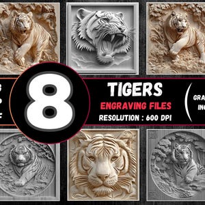 Ensemble PNG de gravure laser illusion 3D tigre, tigres STL pour CNC, gros chat Lightburn, fichiers de sculpture en relief tigre, Tiger Laserburn en niveaux de gris