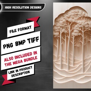 K&ouml;nnte beinhalten: Eine digitale Illustration einer geschnitzten Waldlandschaft aus Holz. Das Bild ist in einem hellen Braunton gehalten und zeigt eine Gruppe von B&auml;umen mit einer h&uuml;geligen Landschaft im Hintergrund. Der Text "FILE FORMAT PNG BMP TIFF ALSO INCLUDED IN THE MEGA BUNDLE LINK IN PRODUCT DESCRIPTION" ist im Bild sichtbar.