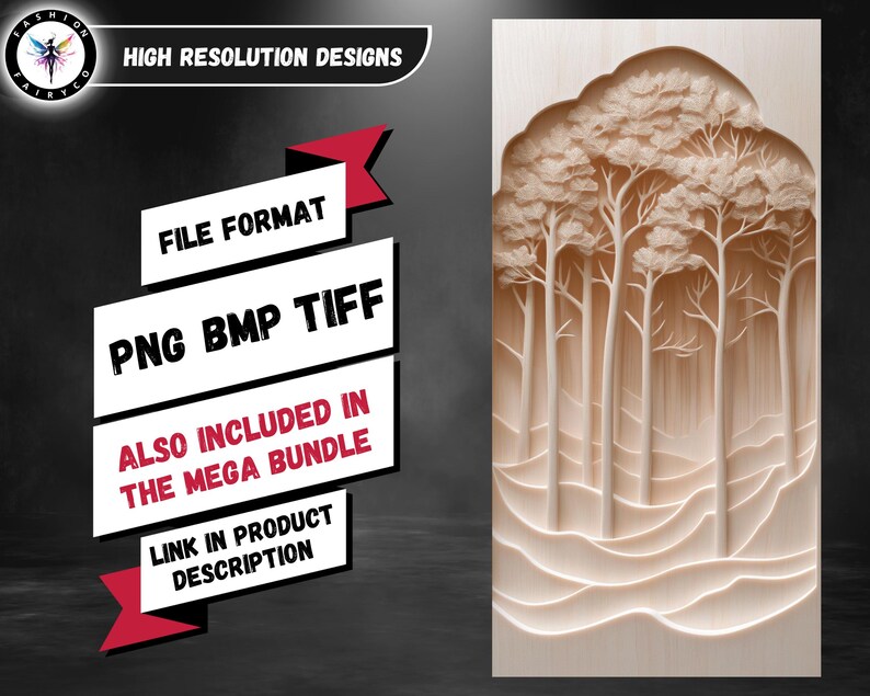 K&ouml;nnte beinhalten: Eine digitale Illustration einer geschnitzten Waldlandschaft aus Holz. Das Bild ist in einem hellen Braunton gehalten und zeigt eine Gruppe von B&auml;umen mit einer h&uuml;geligen Landschaft im Hintergrund. Der Text "FILE FORMAT PNG BMP TIFF ALSO INCLUDED IN THE MEGA BUNDLE LINK IN PRODUCT DESCRIPTION" ist im Bild sichtbar.