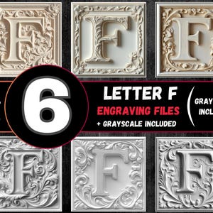 May include: Six digital files of a decorative letter F in a white ornate frame. The files are available in PNG, TIFF, and BMP formats. Grayscale versions are included.