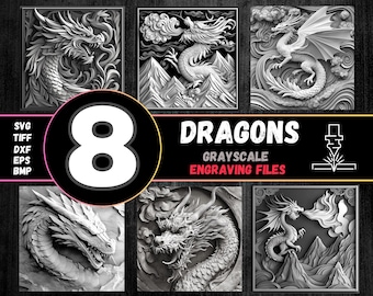 Drache 3D Illusion Lasergravur Bundle, Drachen Laserburn PNG, Graustufen-Drache Lasergravur PNG Bundle, Lightburn Dragon Dxf Tiff Bmp