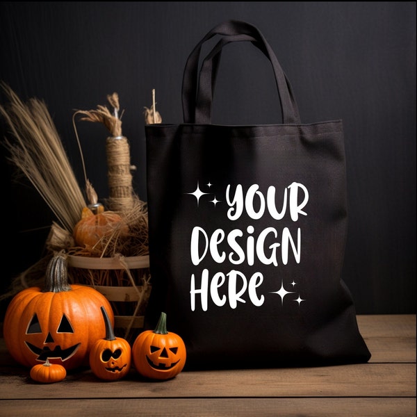 Tote Bag Mockup, Canvas Tote Bag Mock, Camping Tote Bag Mock, Model Tote Bag Mock, Model Mock, Black Canvas Tote Bag Mockup For Halloween