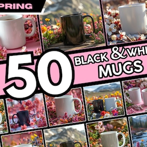 Black Mugs Mockups Bundle, Spring White Mugs Mockup Bundle, 11Oz Coffee Mug Mockup, Double Mugs Mock, Spring Black and White Mug Mockup