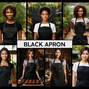 May include: Six women wearing black aprons in different settings. The women are of various ethnicities and ages. The aprons are simple and practical, with no embellishments.