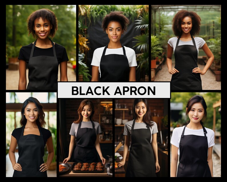 May include: Six women wearing black aprons in different settings. The women are of various ethnicities and ages. The aprons are simple and practical, with no embellishments.