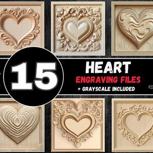 May include: A set of 15 heart-shaped engraving files in PNG, TIFF, and BMP formats. The files include grayscale versions and are perfect for creating intricate designs.