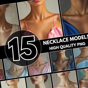Zestaw modeli naszyjników, zestaw fotorealistycznych makiet szyi, model biżuterii, kobiecy naszyjnik do makiety, Canva-Ready