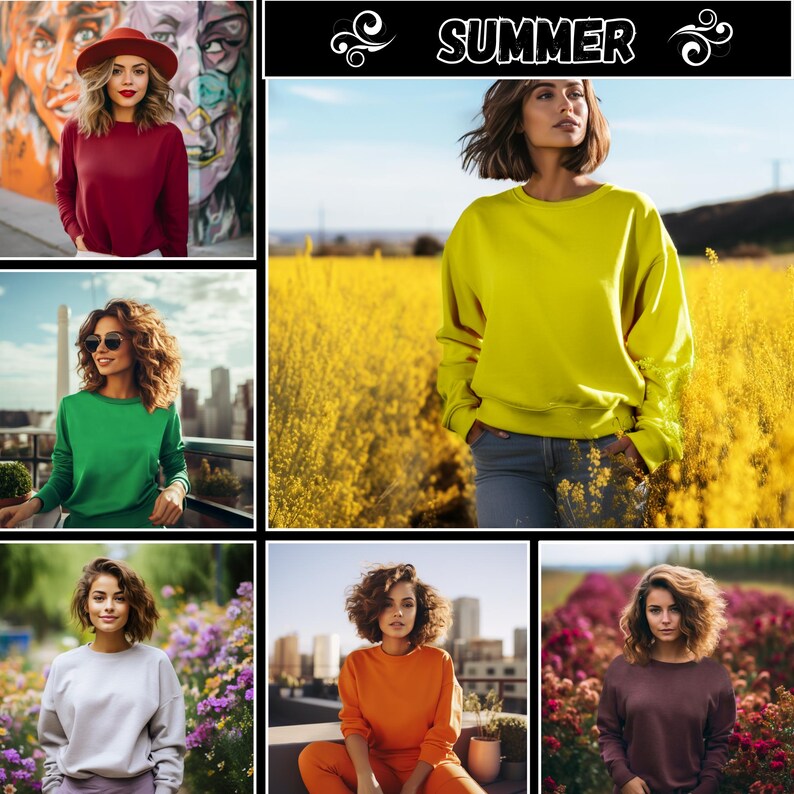 May include: A collage of six images featuring women wearing different coloured sweatshirts. The sweatshirts are all long-sleeved and have a crew neck. The women are standing in various outdoor settings, including a field of yellow flowers, a rooftop, and a field of purple flowers. The text "SUMMER" is displayed in the top centre of the collage.