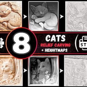 Paquete de gatos en 3D STL CNC, archivos para tallado en relieve de gatitos, animales domésticos en 3D STL con relieve irregular, mapa de altura de gatos, archivos digitales para tallado láser de gatos