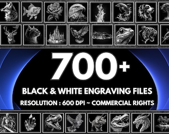 May include: A digital collection of 700+ black and white engraving files featuring diverse subjects like animals, landscapes, and fantasy creatures. The text reads 700+ BLACK & WHITE ENGRAVING FILES RESOLUTION : 600 DPI ~ COMMERCIAL RIGHTS.