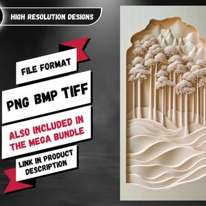 K&ouml;nnte beinhalten: Eine digitale Illustration einer geschnitzten Waldlandschaft aus Holz. Die Szene zeigt eine Gruppe von B&auml;umen mit einem Gebirge im Hintergrund. Die Schnitzerei ist detailliert und realistisch, in einer hellbraunen Farbe.