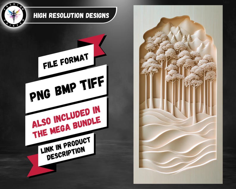 K&ouml;nnte beinhalten: Eine digitale Illustration einer geschnitzten Waldlandschaft aus Holz. Die Szene zeigt eine Gruppe von B&auml;umen mit einem Gebirge im Hintergrund. Die Schnitzerei ist detailliert und realistisch, in einer hellbraunen Farbe.