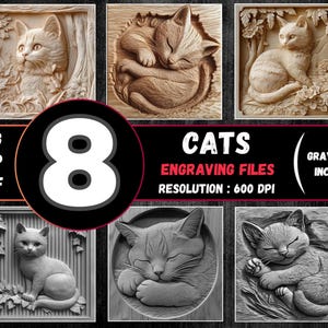 Katze 3D Illusion Lasergravur PNG Bundle, Katze Laserburn / Lightburn Design, Katze Lasergravur PNG - (Katzen STL-Dateien separat erhältlich)