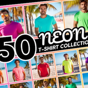 Mannen Neon T-Shirt Mockup Bundel, Fluorescerende T-Shirt Mock up, Veiligheidskleur Shirt Mockup Bundel, Retro Gekleurde Neon T-Shirt Mockups