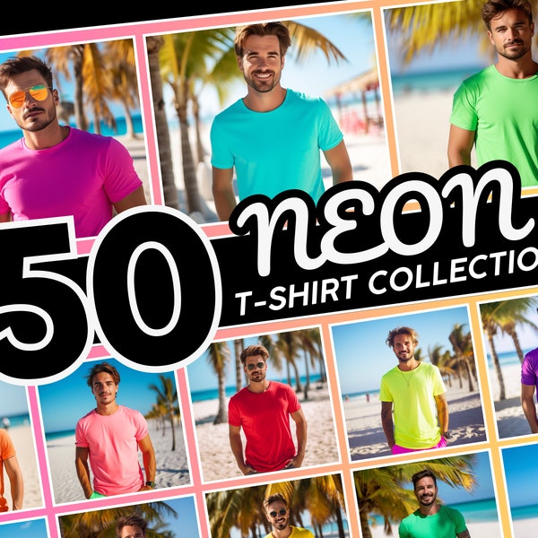Men Neon T-Shirt Mockup Bundle, Fluorescent T-Shirt Mock up, Safety Color Shirt Mockup Bundle, Retro Colored Neon T-Shirt Mockups