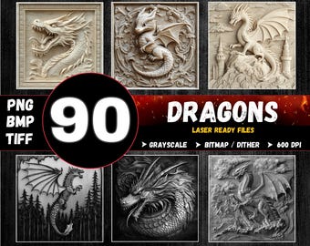 Dragon 3D Illusion Laser Engraving Bundle, Dither Dragons Files, Grayscale Dragon Laser Engraving Png Bundle, Lightburn Dragon PNG BMP TIFF