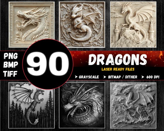 Dragon 3D Illusion Laser Engraving Bundle (Digital) : Dither & Grayscale | PNG BMP TIFF | + Commercial License