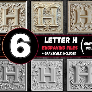 May include: Six ornate, engraved letter H images in various styles. The images are in PNG, TIFF, and BMP formats. Grayscale versions are included.