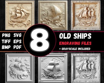 Op de afbeelding: Acht digitale bestanden van oude schepen in sierlijke frames. De bestanden zijn voor graveren en bevatten grijstintenversies. De bestandsformaten zijn PNG, SVG, TIFF, EPS, BMP en PDF.