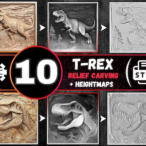 Lot de sculpture en relief 3D STL Tyrannosaurus Rex, fichiers CNC T-Rex, gravure laser profondeur dinosaures, relief bosselé Jurassic STL, carte de hauteur de dinosaure