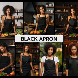 May include: A collage of images featuring a person wearing a black apron in different settings. The person is preparing food, holding a plate of tomatoes, and standing in a kitchen. The text "BLACK APRON" is displayed in the center of the collage.