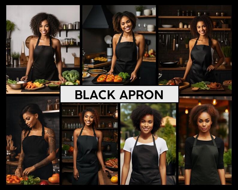 May include: A collage of images featuring a person wearing a black apron in different settings. The person is preparing food, holding a plate of tomatoes, and standing in a kitchen. The text "BLACK APRON" is displayed in the center of the collage.