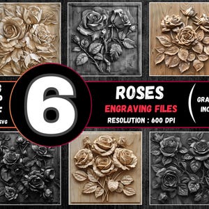 Roos 3D-illusie lasergravure PNG-bundel, rozen STL voor CNC, bloem lasergravure, bloemen laserburn, rozenboeket lichtverbrande grijstinten