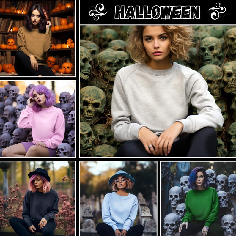 May include: Five women wearing different coloured sweatshirts pose in front of various Halloween-themed backgrounds. The backgrounds include a wall with pumpkins, a pile of skulls, and a graveyard.