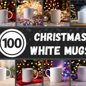 Puede incluir: Un collage de 100 tazas de cerámica blanca en diferentes escenarios navideños. Las tazas se muestran en una mesa con decoraciones festivas, incluyendo luces, adornos y vegetación. El texto "CHRISTMAS WHITE MUGS" se muestra en el centro del collage.