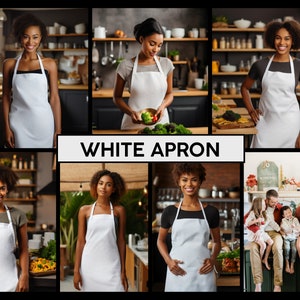 May include: A collage of images featuring people wearing white aprons in a kitchen setting. The text "WHITE APRON" is displayed in the center of the collage.